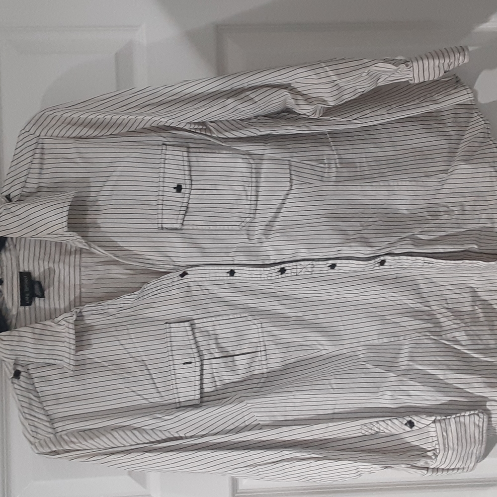 White and Black dress shirt with details.  Front pockets and detail buttons